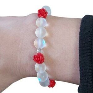 Handmade 7 Inch Rose Buds & Moon Crystal Bead Bracelet | Glass Spacer Slip-On